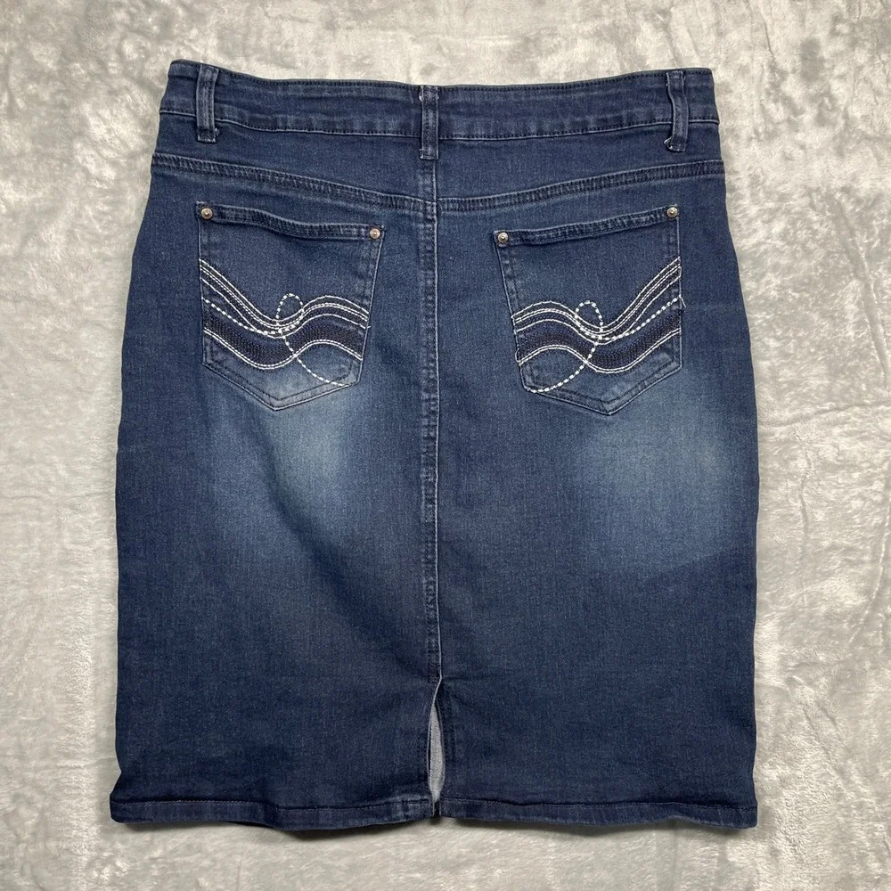 Emme Jordan Denim Skirt Womens Medium‎ Blue Dark Wash Stretch Pencil Embroidered